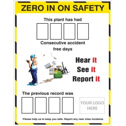 Zero in On Safety AccIdent Board with Logo & 2 Sets of Numbers 